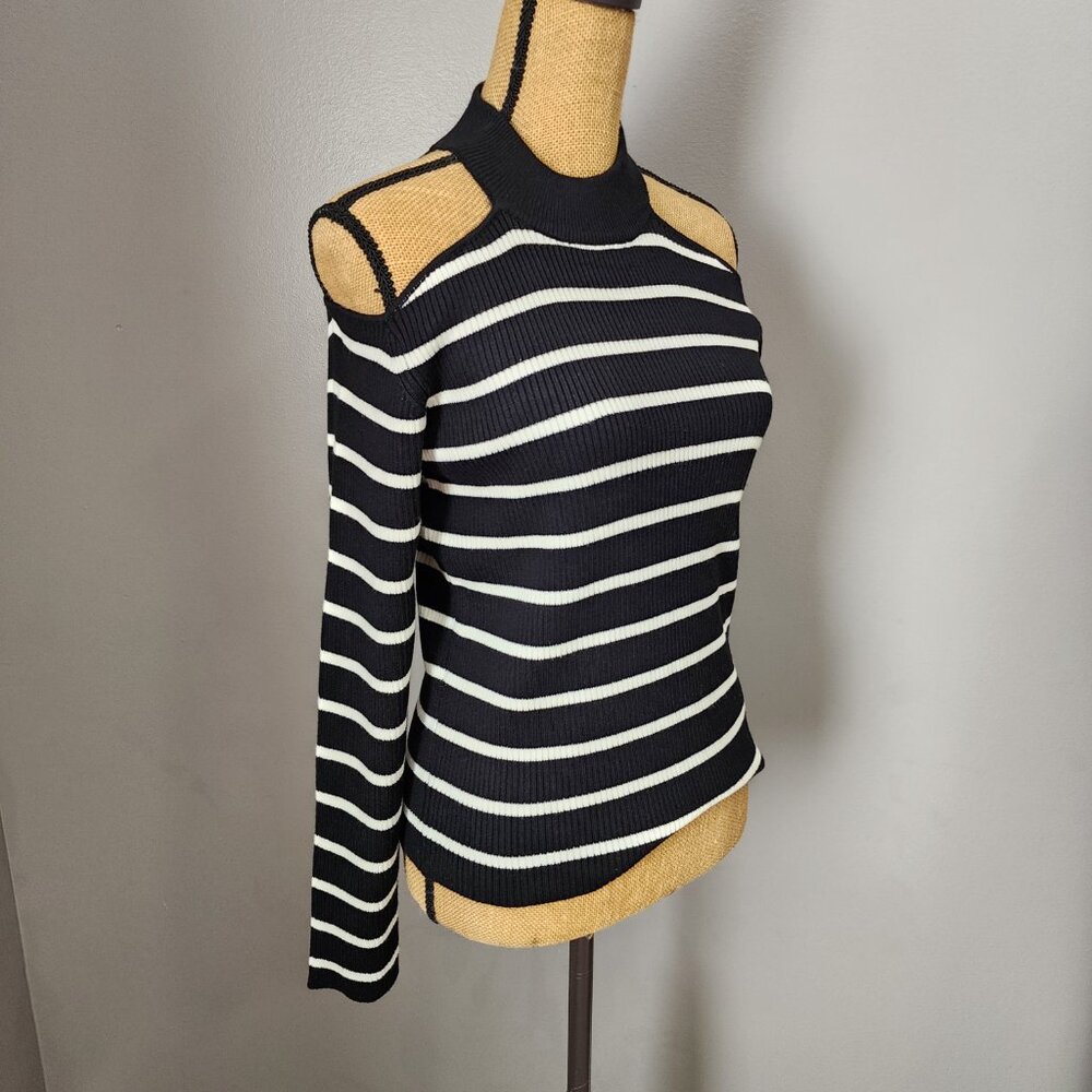 Olivaceous Striped Cold Shoulder Mock Neck Ribbed Top | Size L